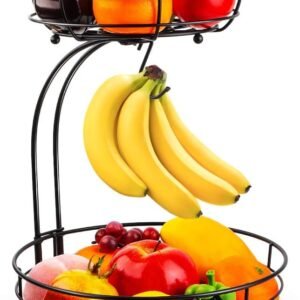 Auledio Iron 2-Tier Countertop Fruit Vegetables Basket Bowl Storage With Banana Hanger, Black, 64 ounces
