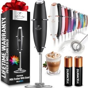 Zulay Kitchen Powerful Milk Frother Wand With 2 Duracell Batteries - Ultra Fast Handheld Drink Mixer - Electric Whisk Foam Maker for Coffee, Lattes, Cappuccino, Matcha, Hot Chocolate & Creamer - Black
